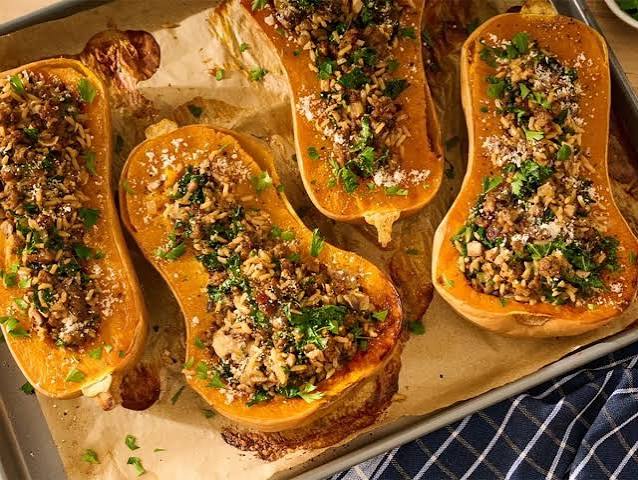 Roasted stuffed butternut squash halves